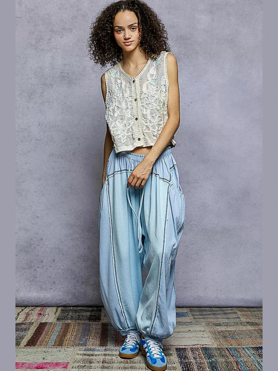 POL Button Down Floral Embroidery Cropped Crochet Vest Top nicholesgifts