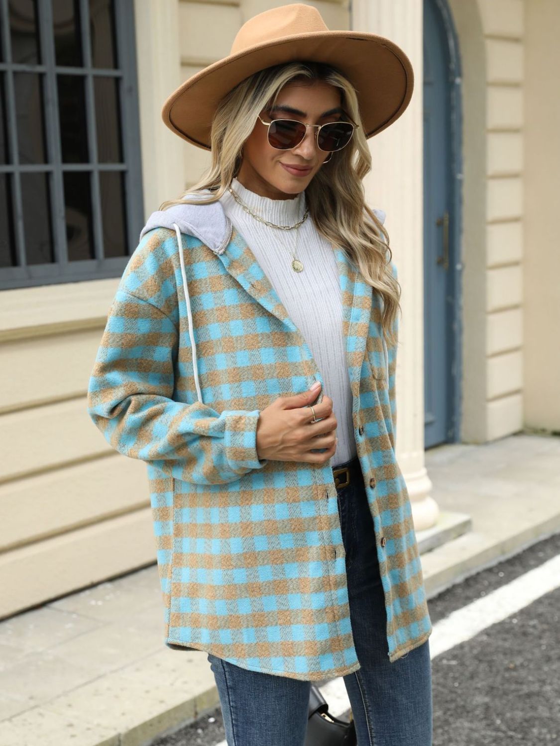 NicholesGifts Women Drawstring Plaid Long Sleeve Hooded Jacket NicholesGifts