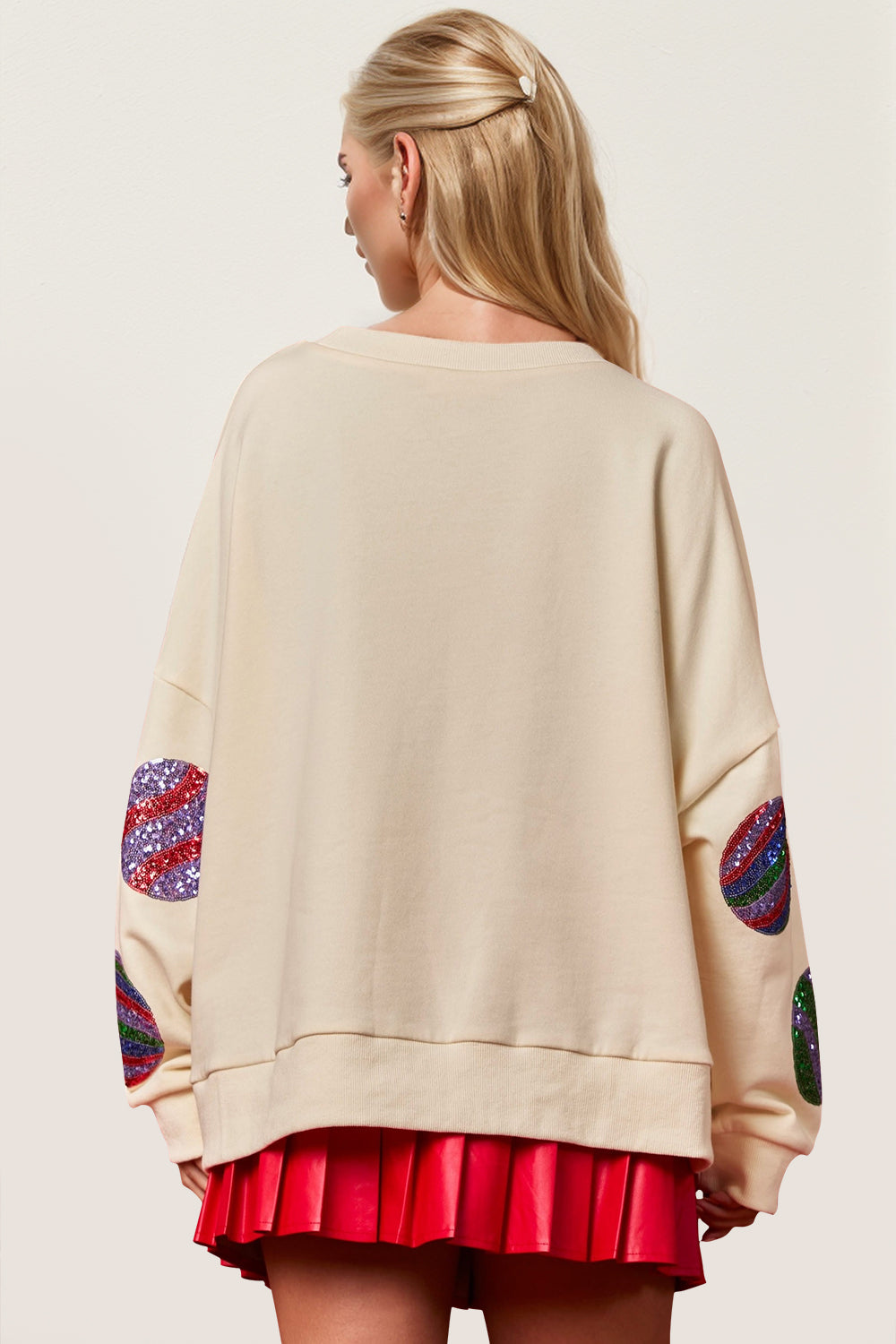 Double Take Christmas Element Sequin Round Neck Long Sleeve Sweatshirt NicholesGifts