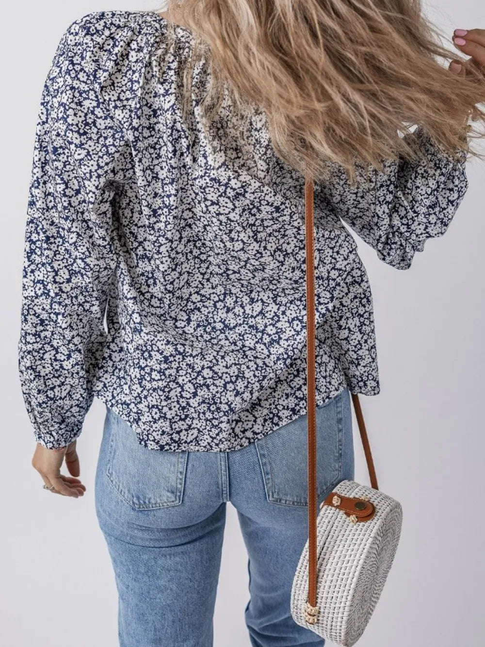 Floral Print Notched Long Sleeve Blouse NicholesGifts