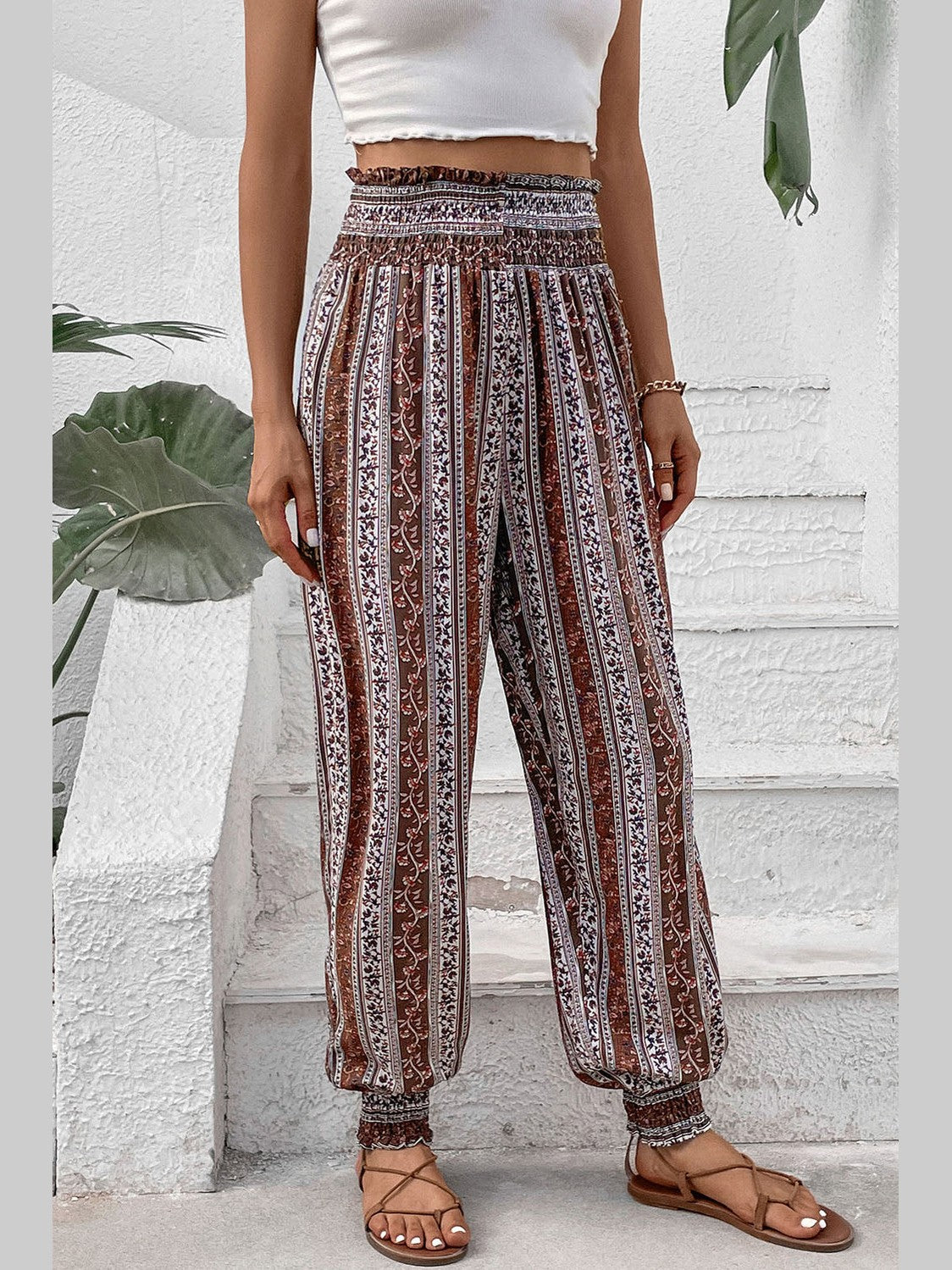 Women Smocked Printed High Waist Multicolor Pants