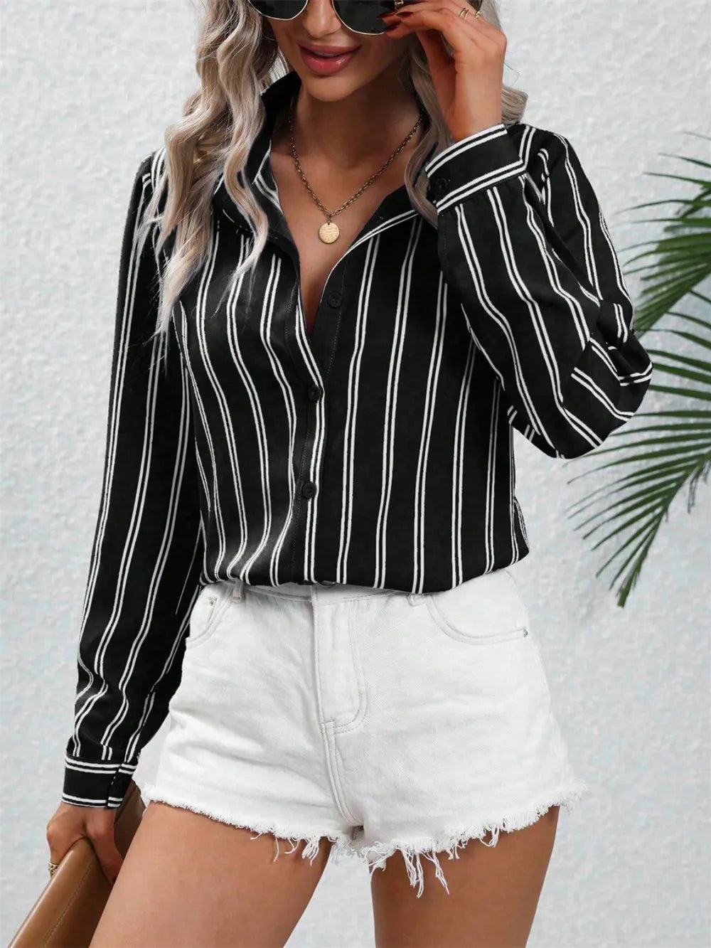 Striped Collared Neck Long Sleeve Shirt NicholesGifts