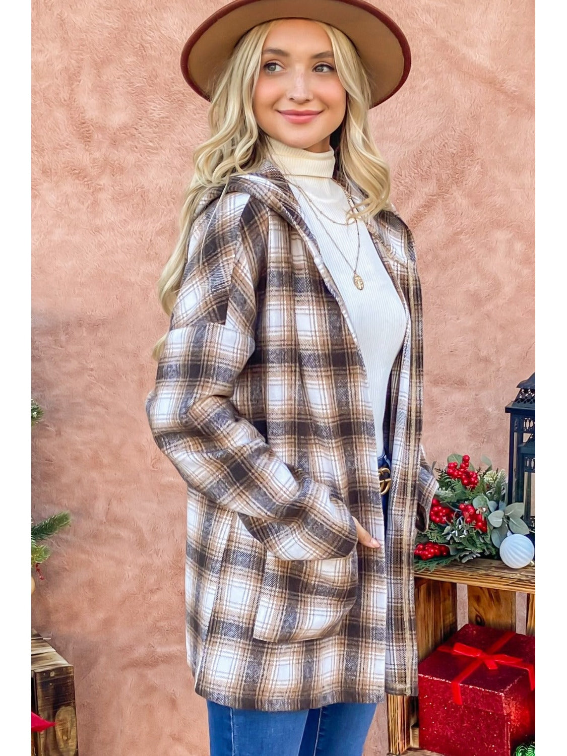 NicholesGifts Women And The Why Plaid Open Front Hooded Shacket NicholesGifts