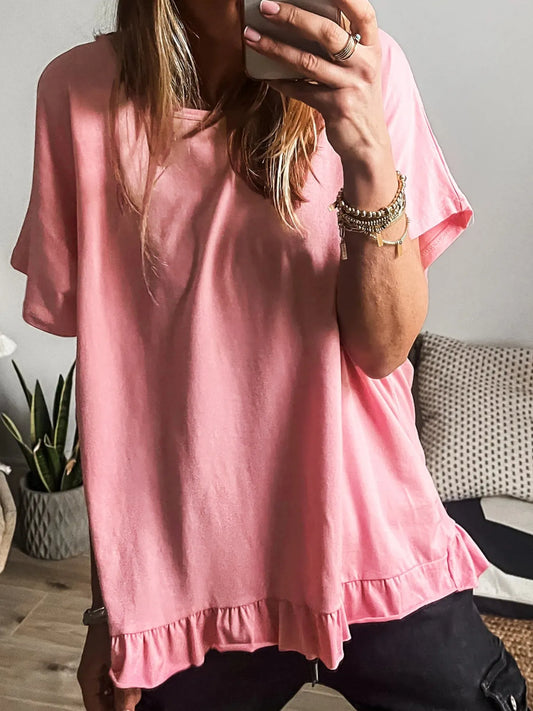Ruffle Hem Round Neck Relaxed T-Shirt NicholesGifts