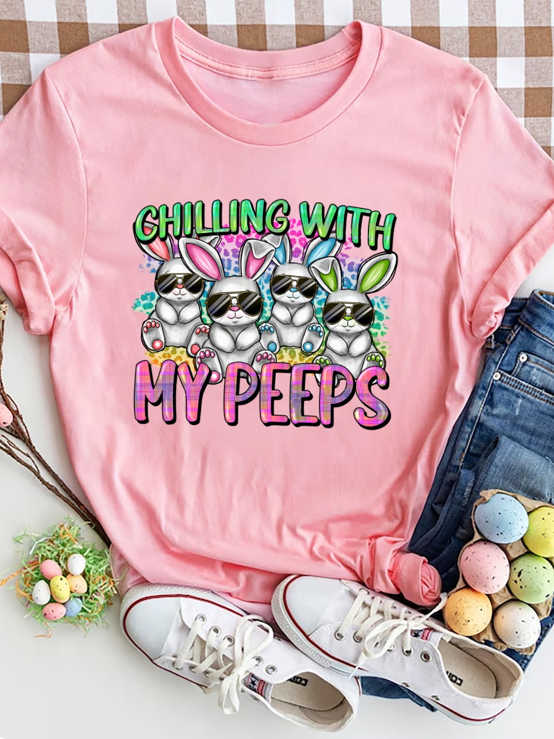 Women Chilling With My Peeps Round Neck Short Sleeve T-Shirt NicholesGifts