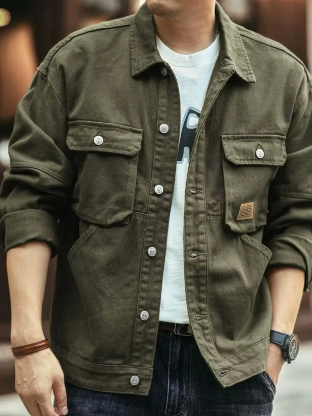 Men's Washed Collared Neck Cargo Jacket Trendsi