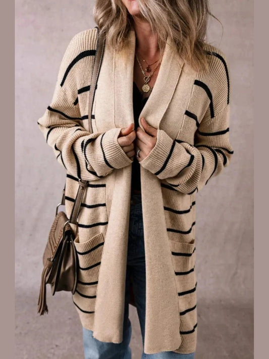 Striped Open Front Long Sleeve Cardigan NicholesGifts