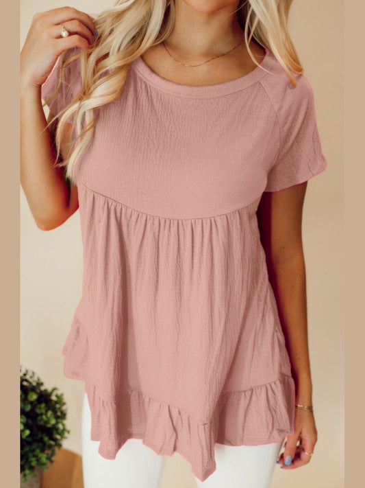 Ruffled Round Neck Short Sleeve Blouse