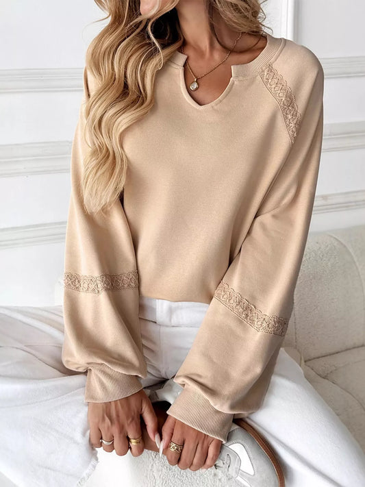 Lace Detail Notched Long Sleeve Sweatshirt Trendsi