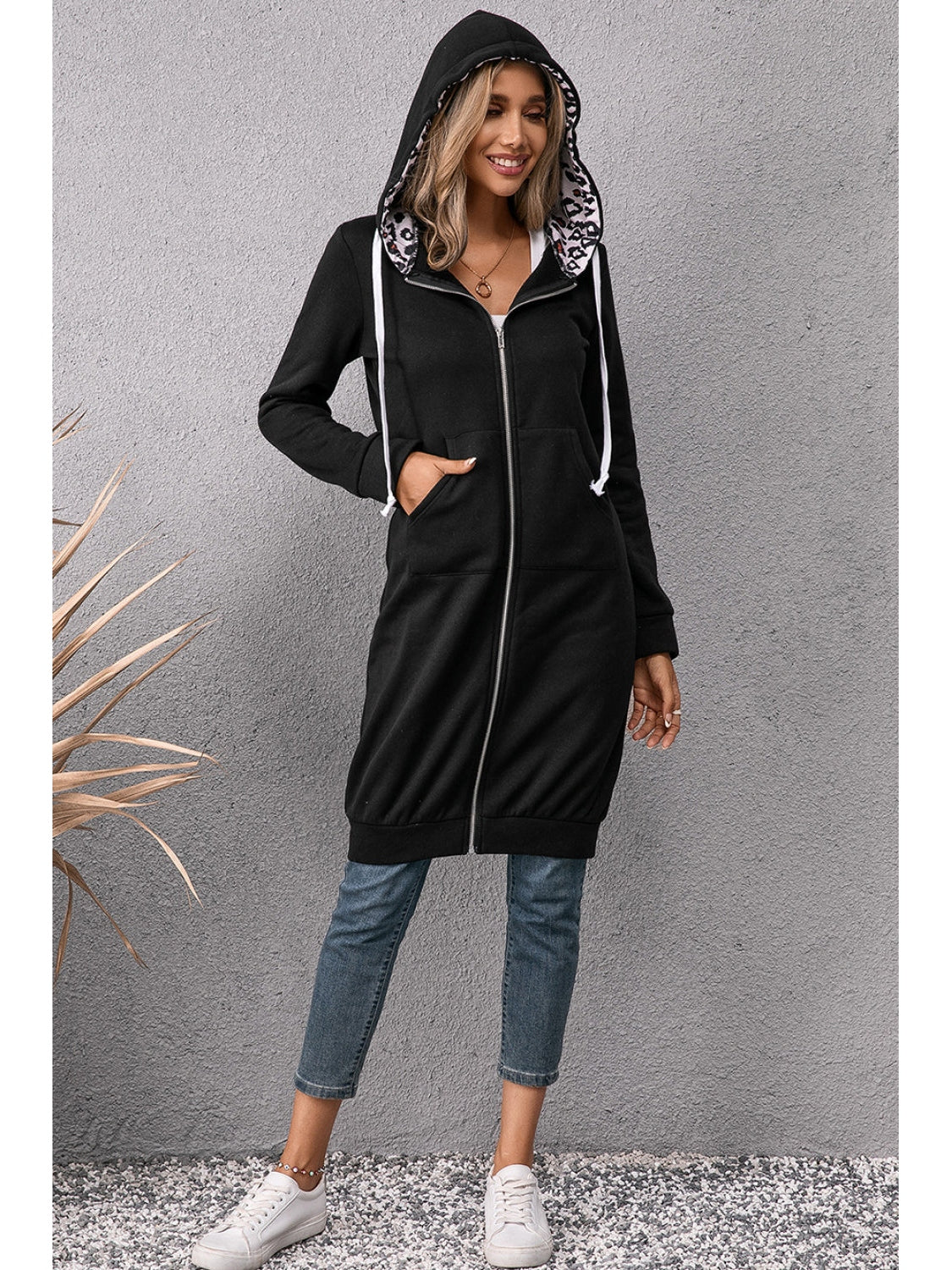 NicholesGifts Women Ivy Lane Leopard Spliced Drawstring Zip Up Hoodie Dress NicholesGifts