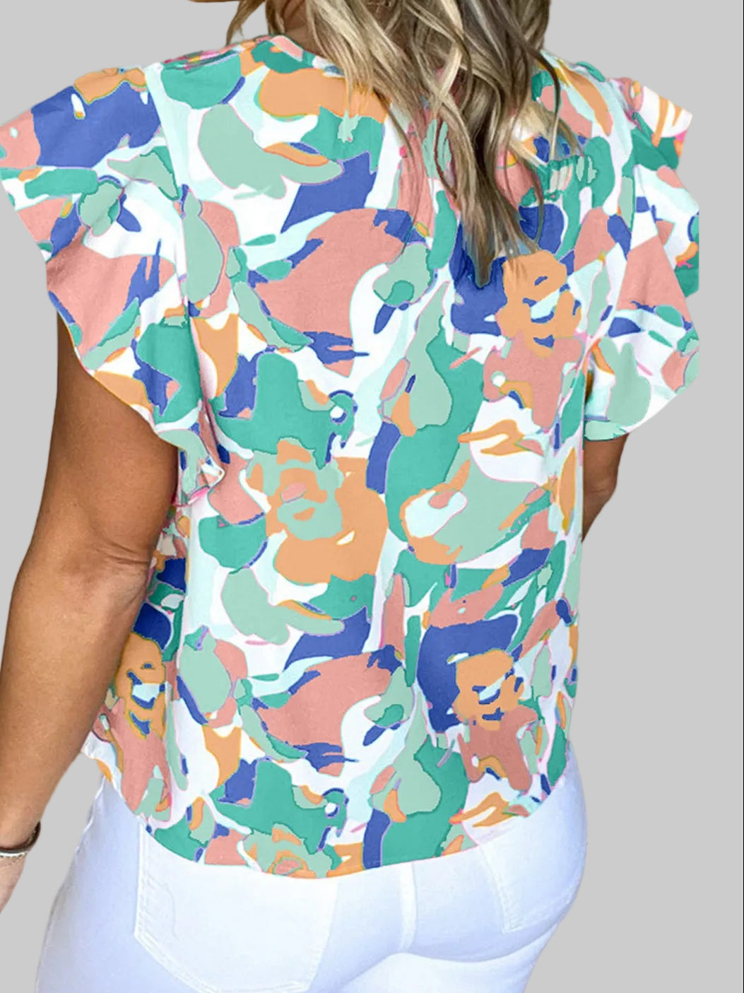 Ruffled Printed Notched Cap Sleeve Blouse nicholesgifts