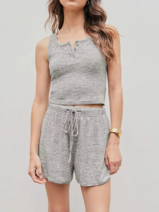Quarter Button Sleeveless Top and Drawstring Shorts Lounge Set nicholesgifts