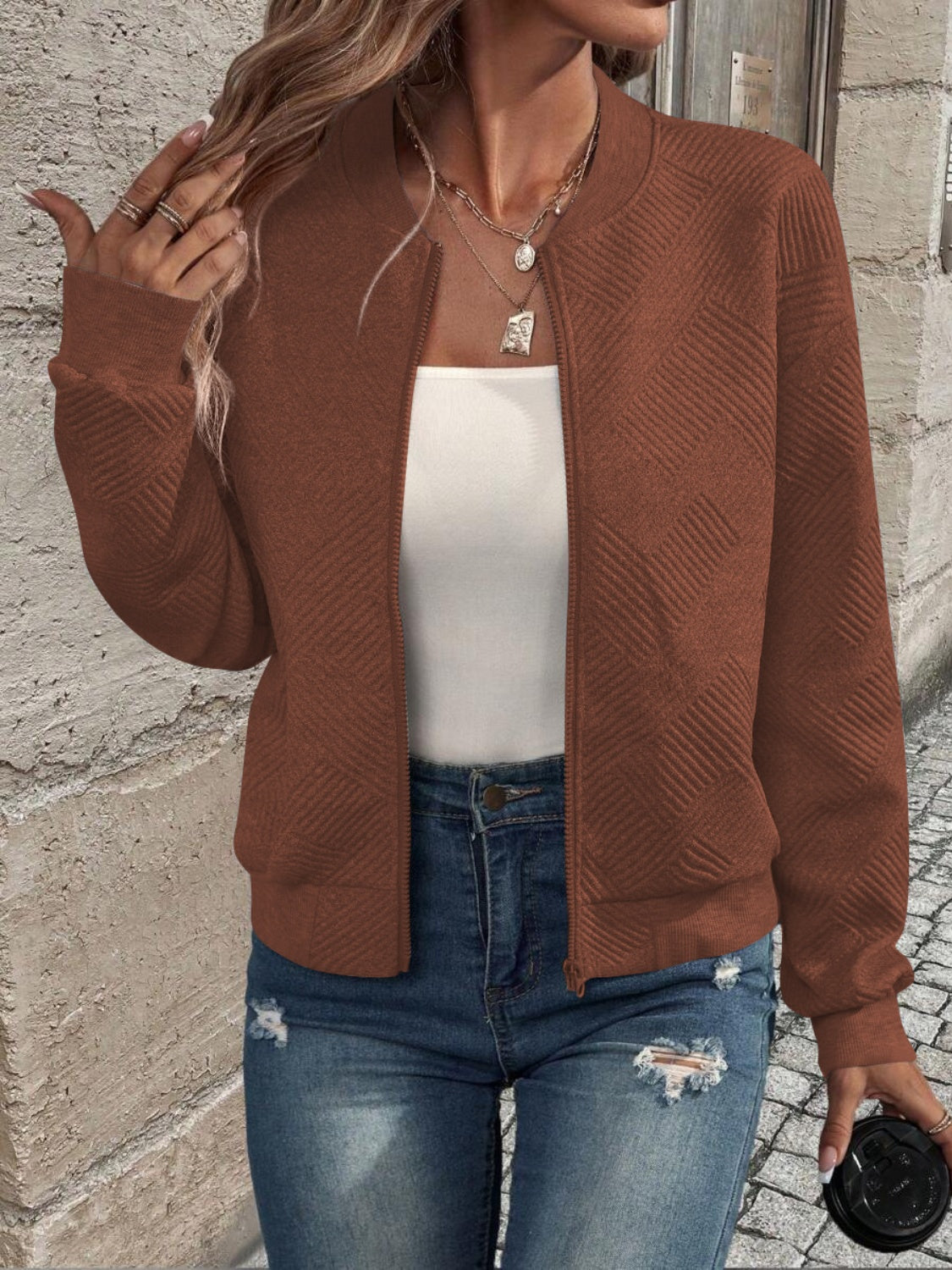 Textured Zip Up Long Sleeve Jacket NicholesGifts