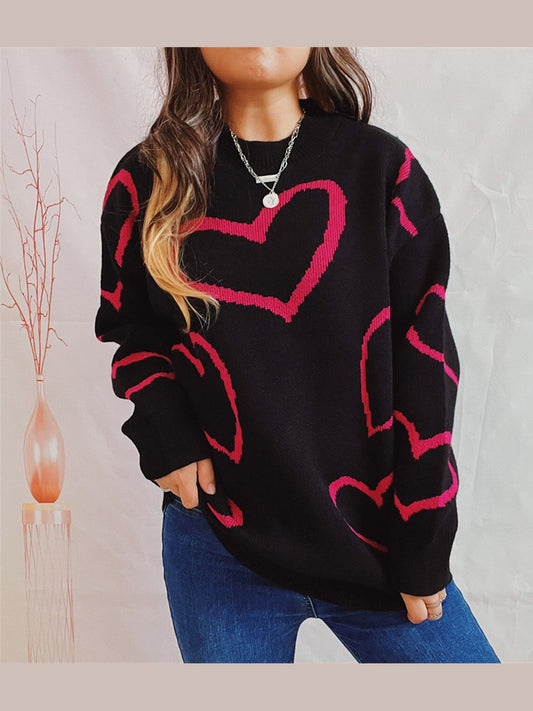 Heart Pattern Long Sleeve Sweater Trendsi
