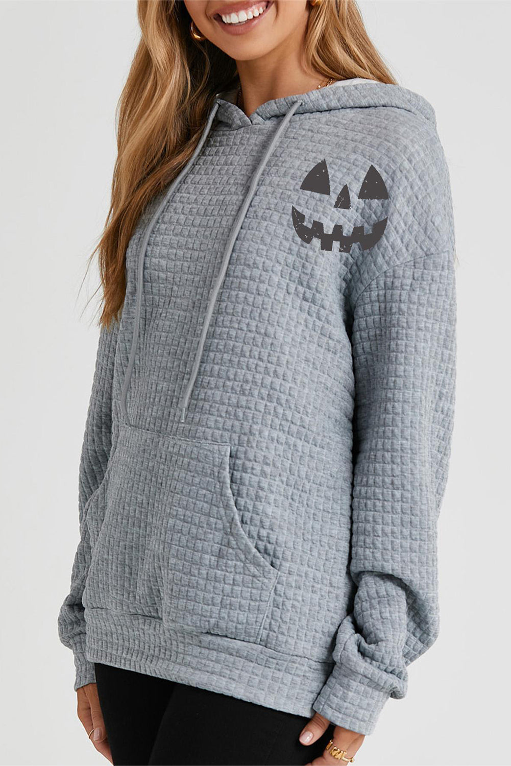 Pumpkin Face Graphic Drawstring Hoodie with Pocket NicholesGifts