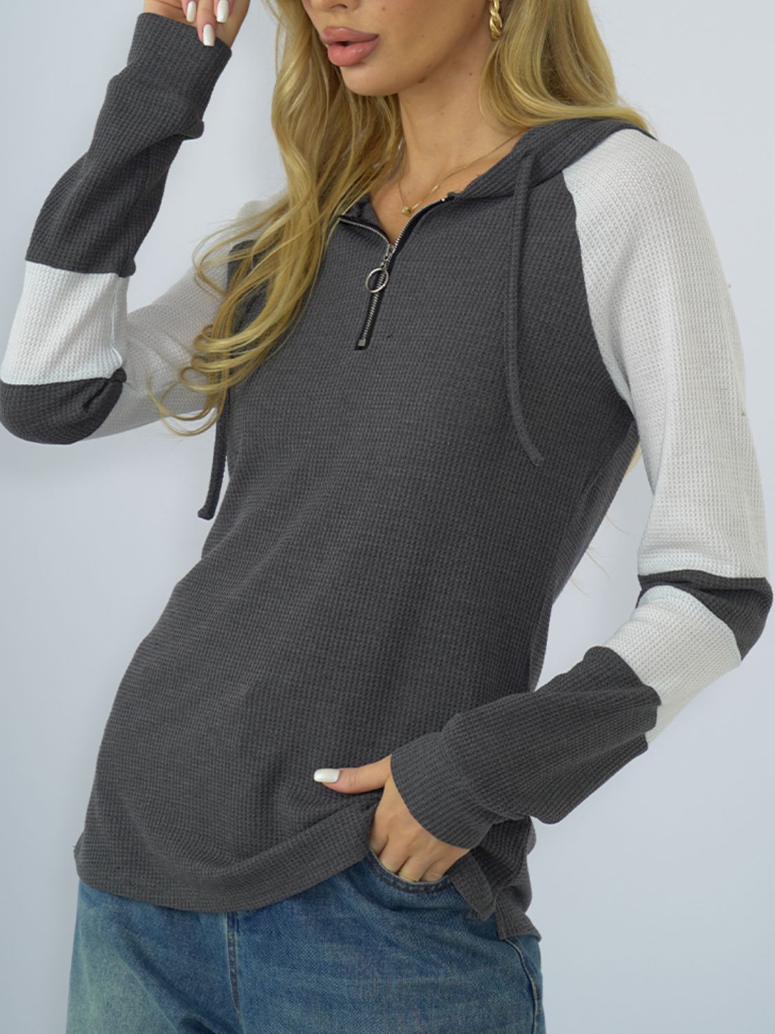 NicholesGifts Women Shiny Waffle-Knit Raglan Sleeve Zipper Front Hoodie NicholesGifts
