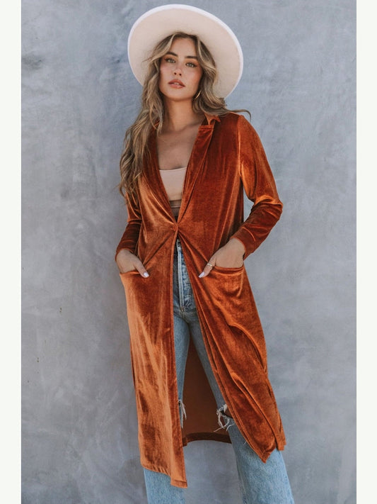 Women Collared Neck Longline Velvet Cardigan with Pockets NicholesGifts