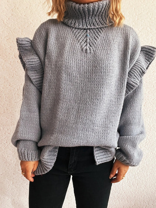 Women Ruffled Turtleneck Long Sleeve Sweater