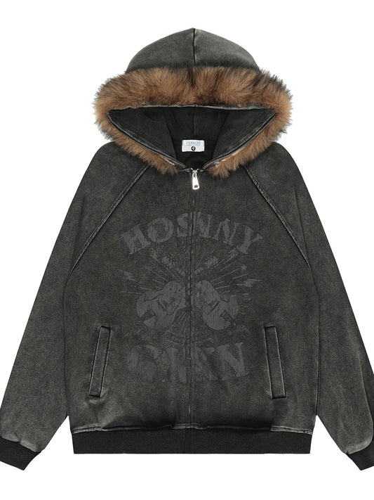 Men's Zip-Up Hoodie with Faux Fur Trim Trendsi