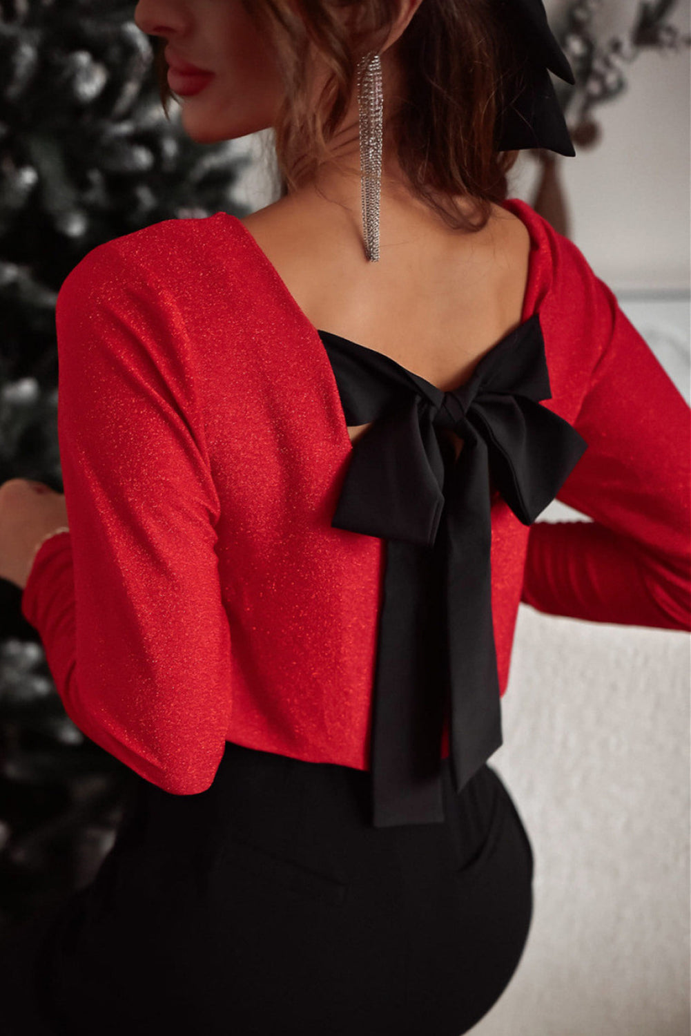 NicholesGifts Women Bowknot V-Neck Long Sleeve Blouse NicholesGifts