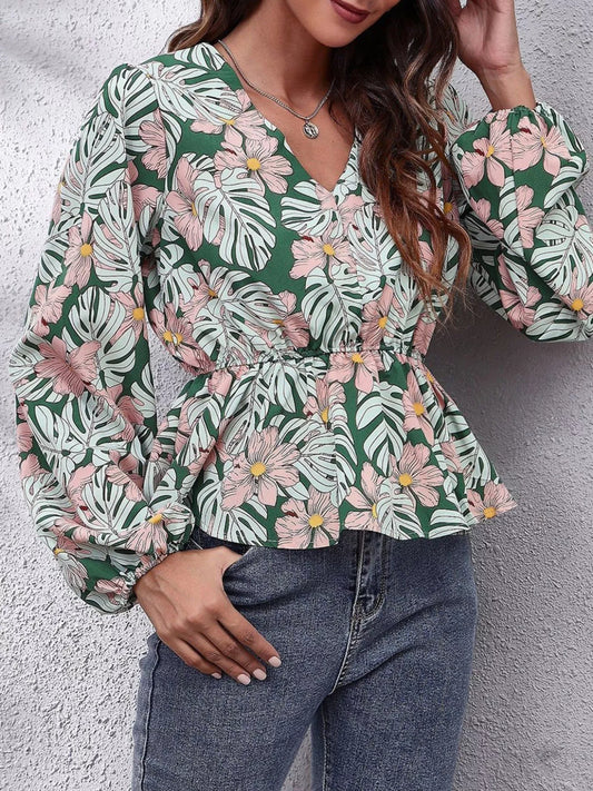 Floral V-Neck Balloon Sleeve Blouse NicholesGifts