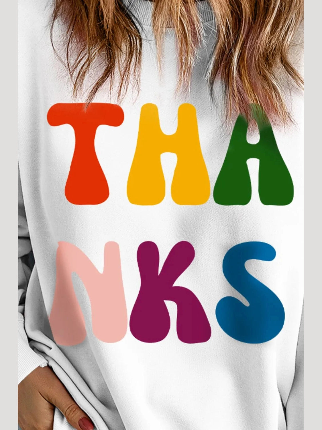 THANKS Round Neck Long Sleeve Sweatshirt nicholesgifts