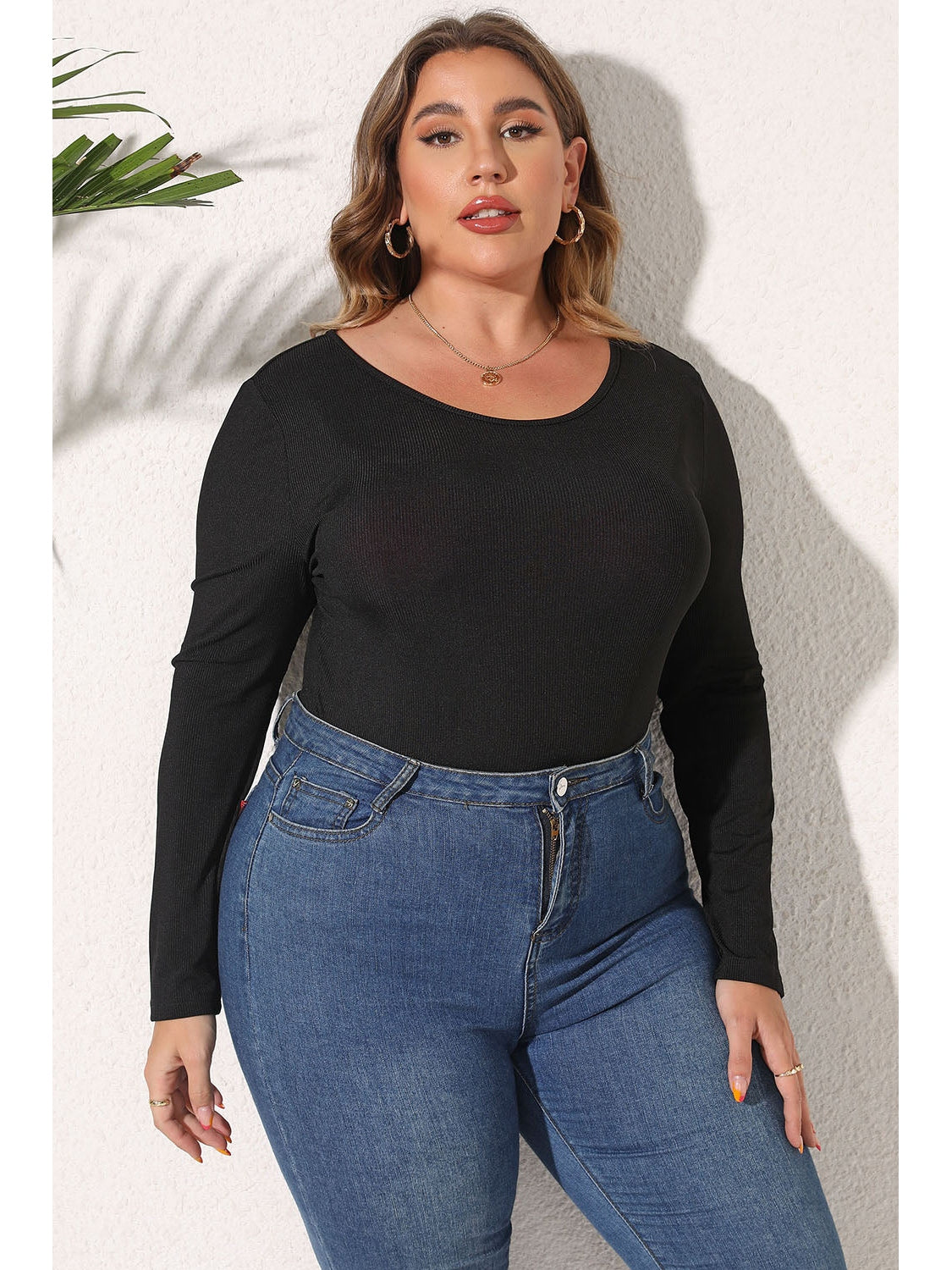 Plus Size Round Neck Long Sleeve Bodysuit NicholesGifts