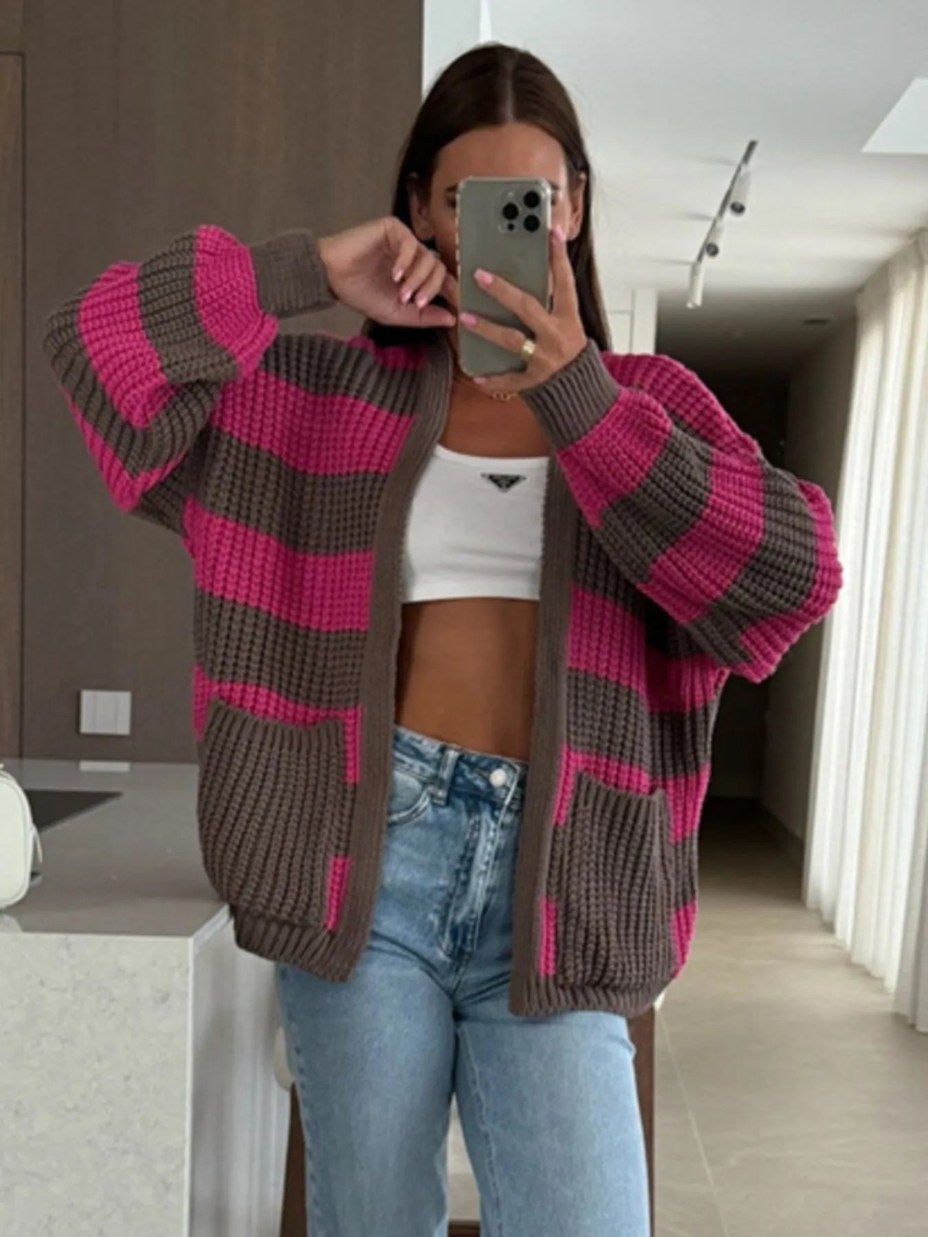 Striped Open Front Long Sleeve Cardigan Trendsi