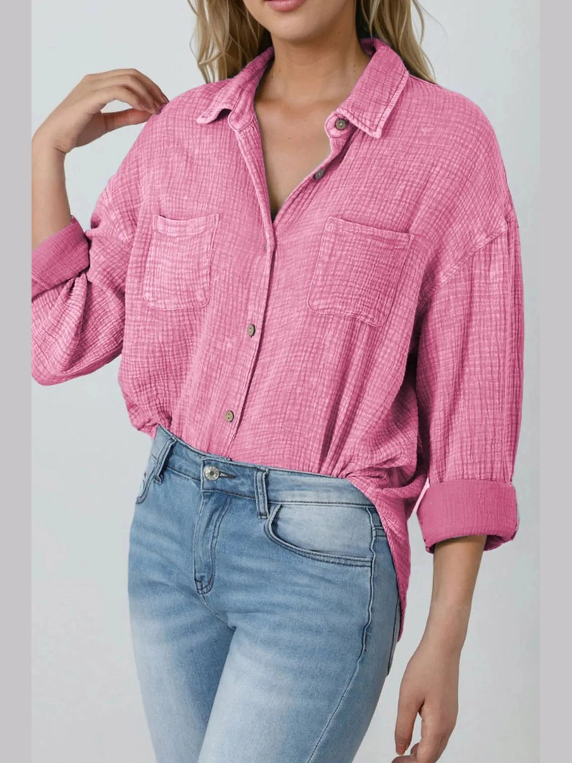Button Down Collared Neck Long Sleeve Shirt NicholesGifts