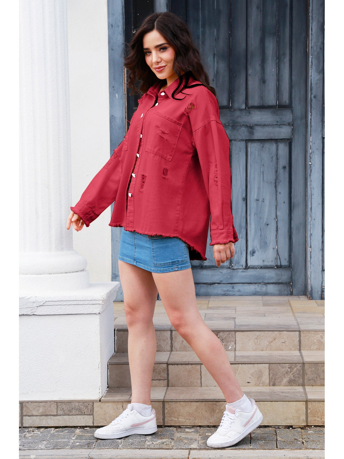 NicholesGifts Women Distressed Button Up Raw Hem Denim Jacket NicholesGifts
