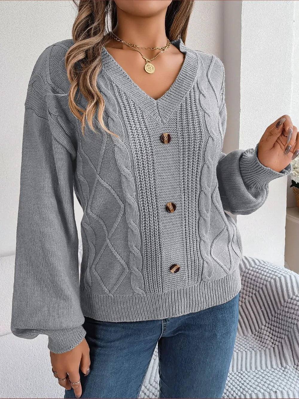 Cable-Knit Buttoned V-Neck Sweater Trendsi