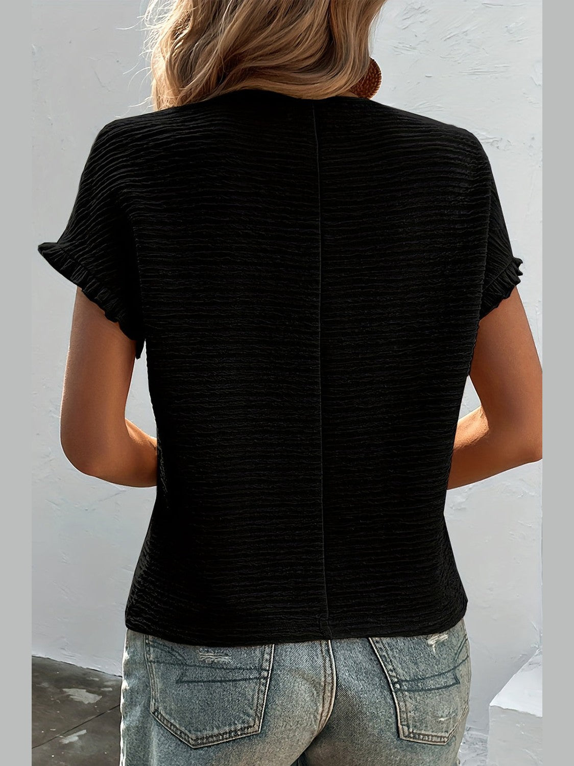 Women Frill Round Neck Cap Sleeve Blouse