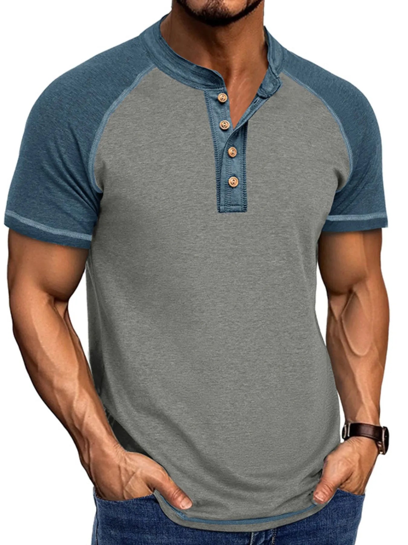 Men's Raglan Henley Color Block T-Shirt Trendsi