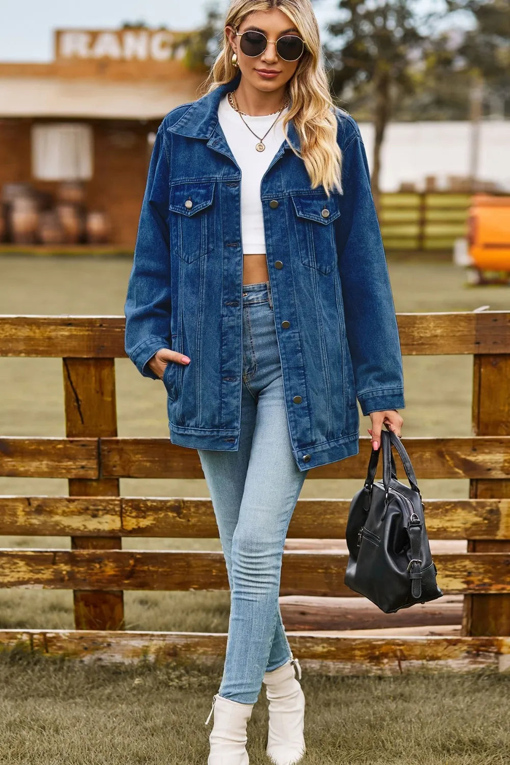 Buttoned Collared Neck Denim Jacket with Pockets Trendsi