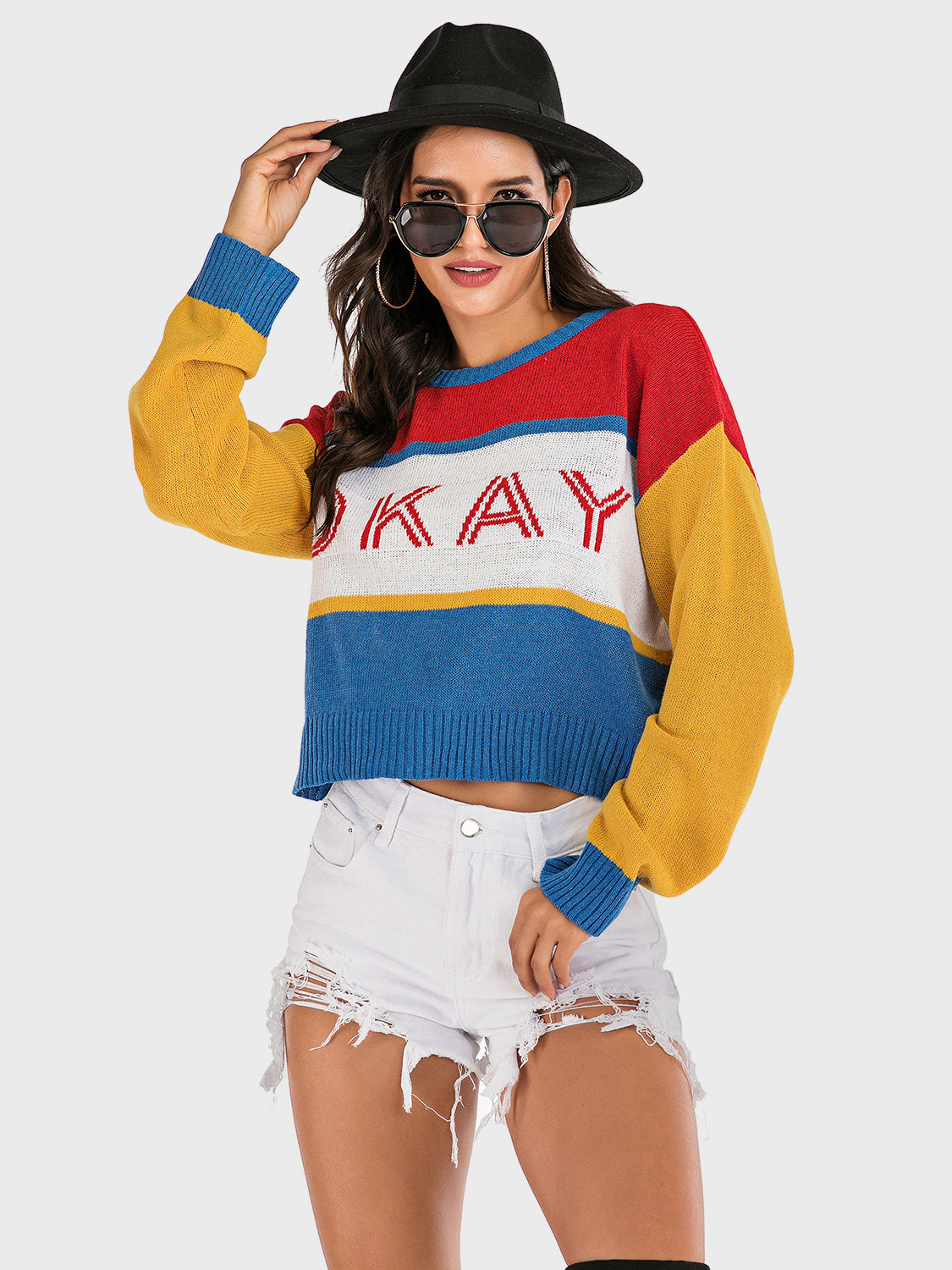 Perfee OKAY Contrast Dropped Shoulder Long Sleeve Sweater NicholesGifts
