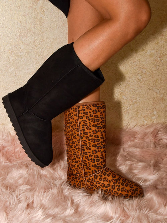 Women WILD DIVA Leopard Suede Round Toe Boots