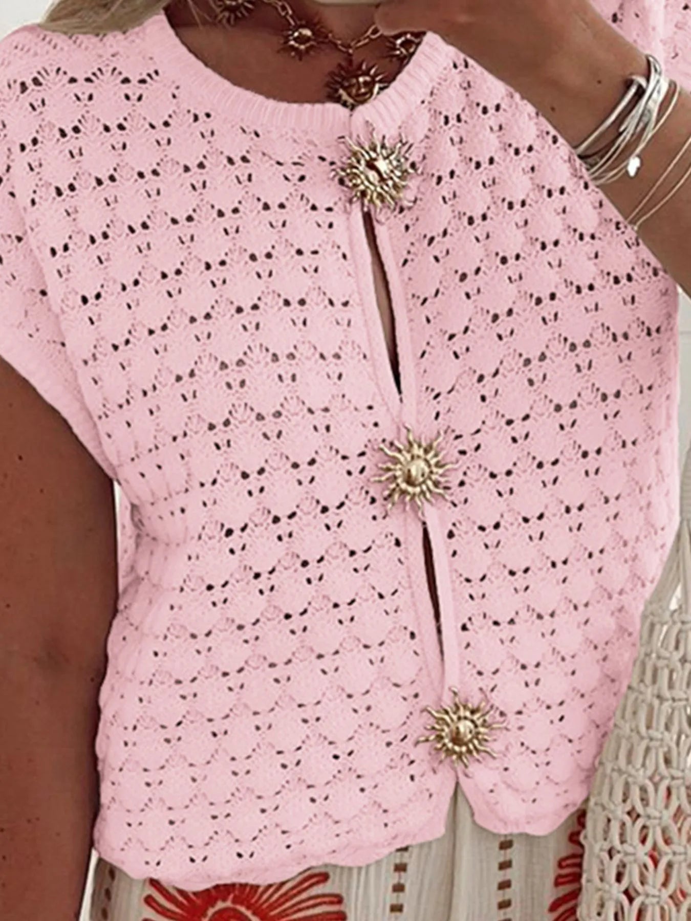 Crochet Short Sleeve Button Front Cardigan nicholesgifts