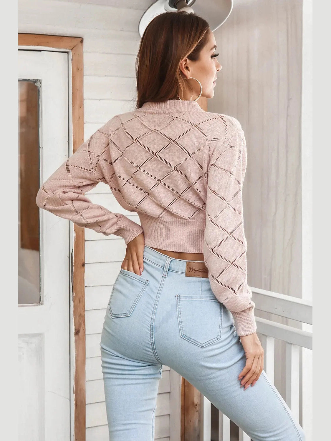 Openwork Plaid Round Neck Cropped Sweater Trendsi