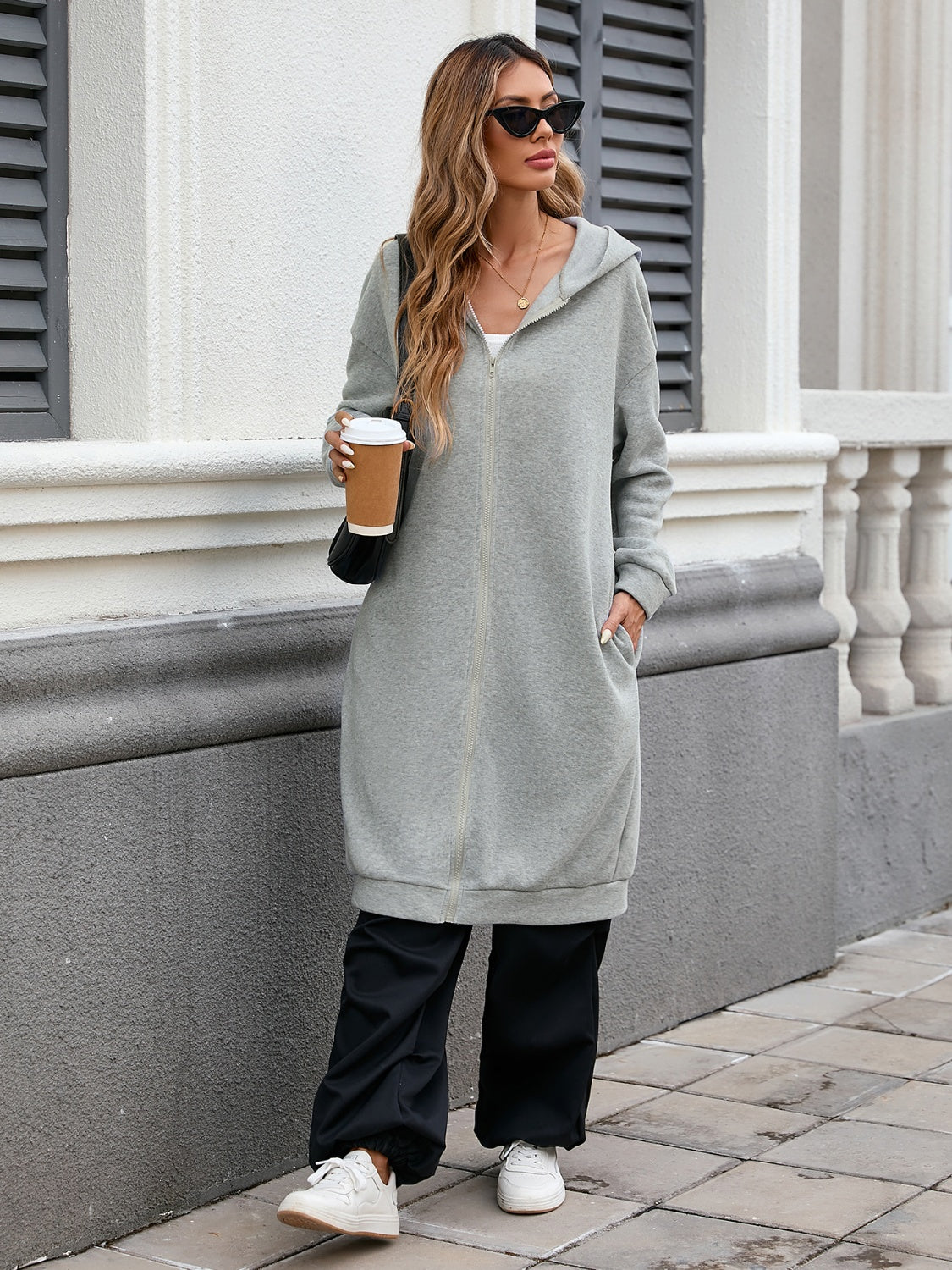 NicholesGifts Women Zip Up Long Sleeve Longline Hooded Outerwear NicholesGifts