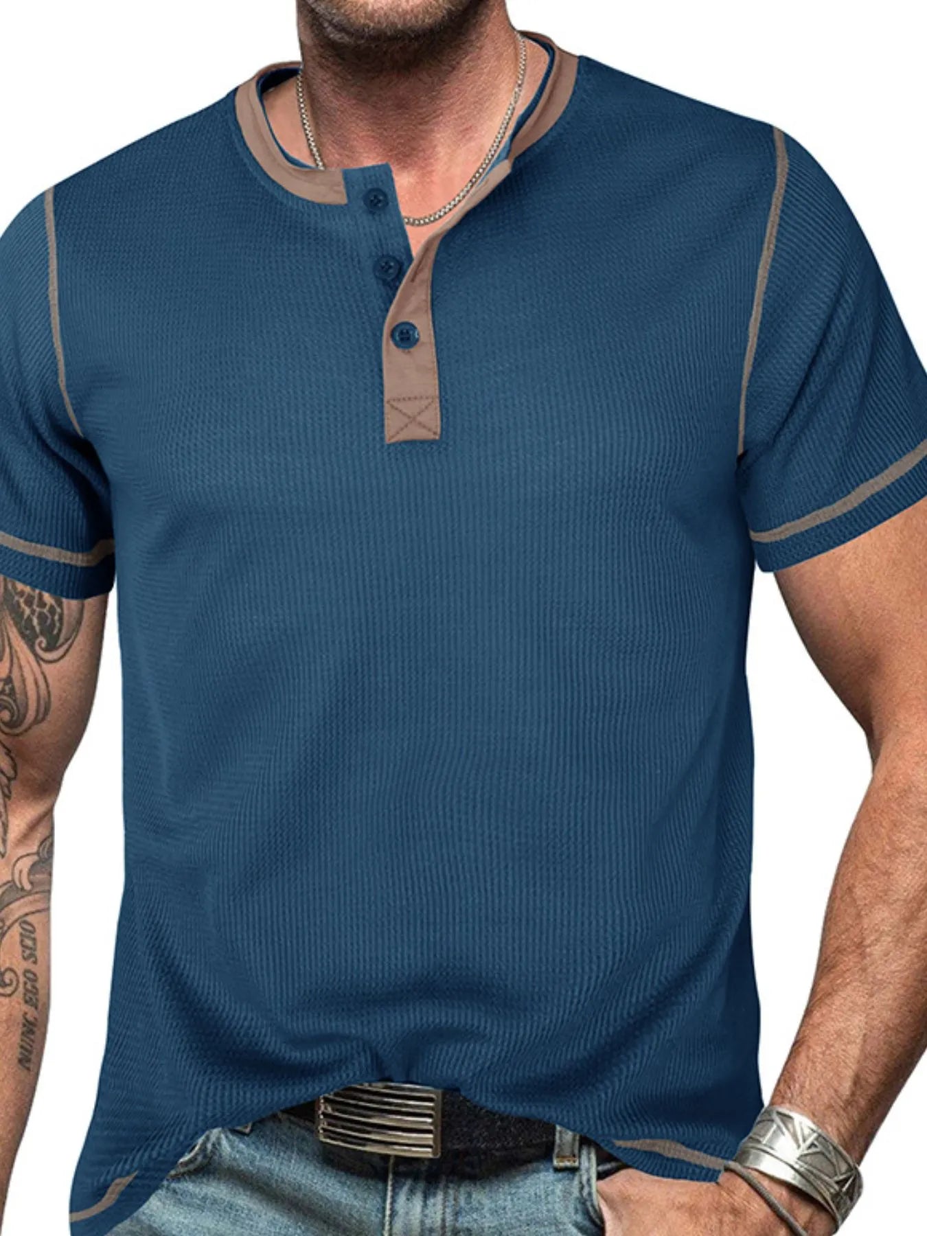 Men's Full Size Contrast Stitch Henley Polo Shirt Plus Size