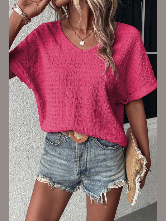Women V-Neck Short Sleeve Pink Blouse