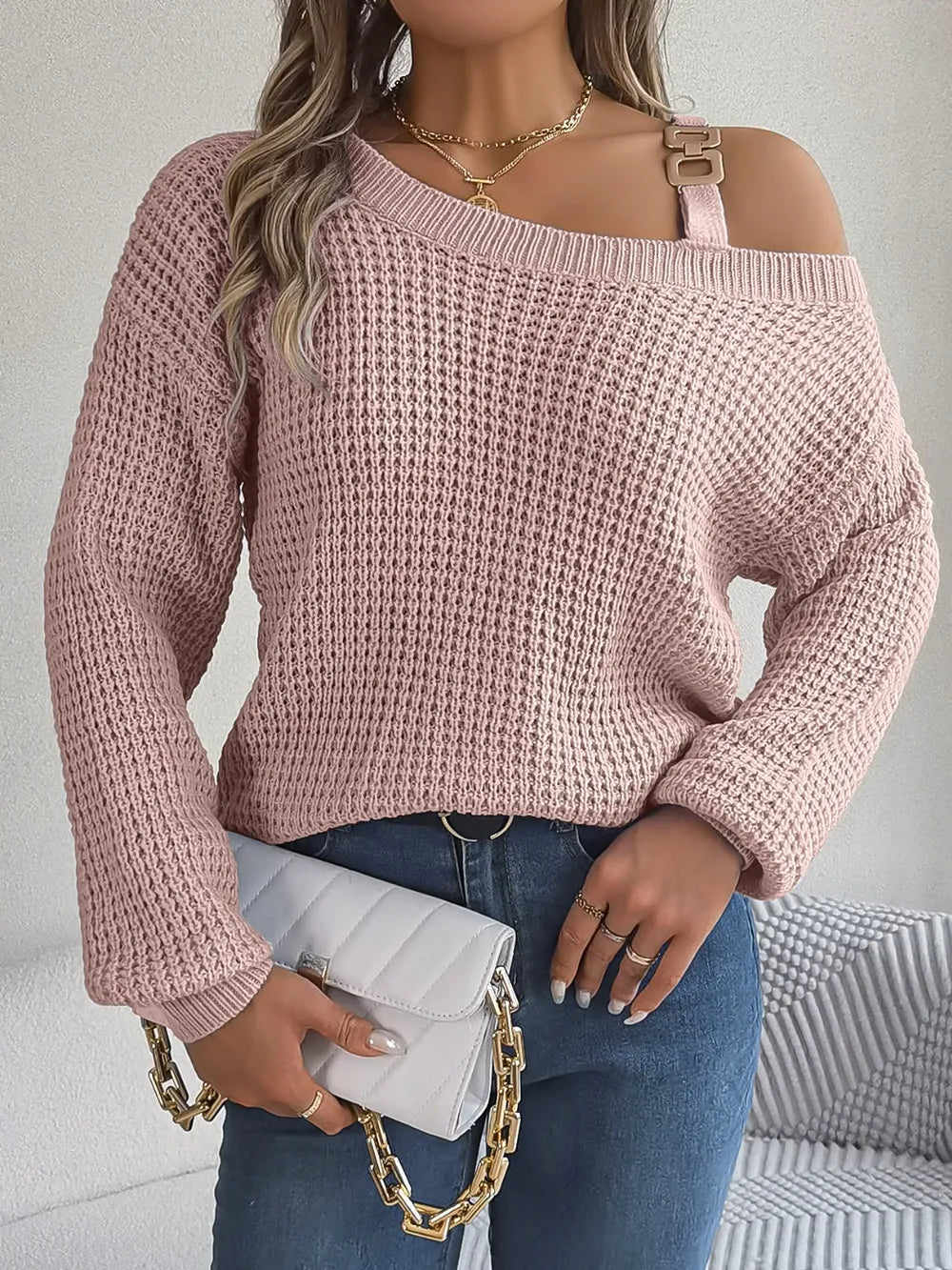 Asymmetrical Neck Long Sleeve Sweater Trendsi