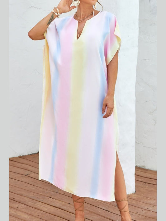 Slit Striped Notched Short Sleeve Cover Up