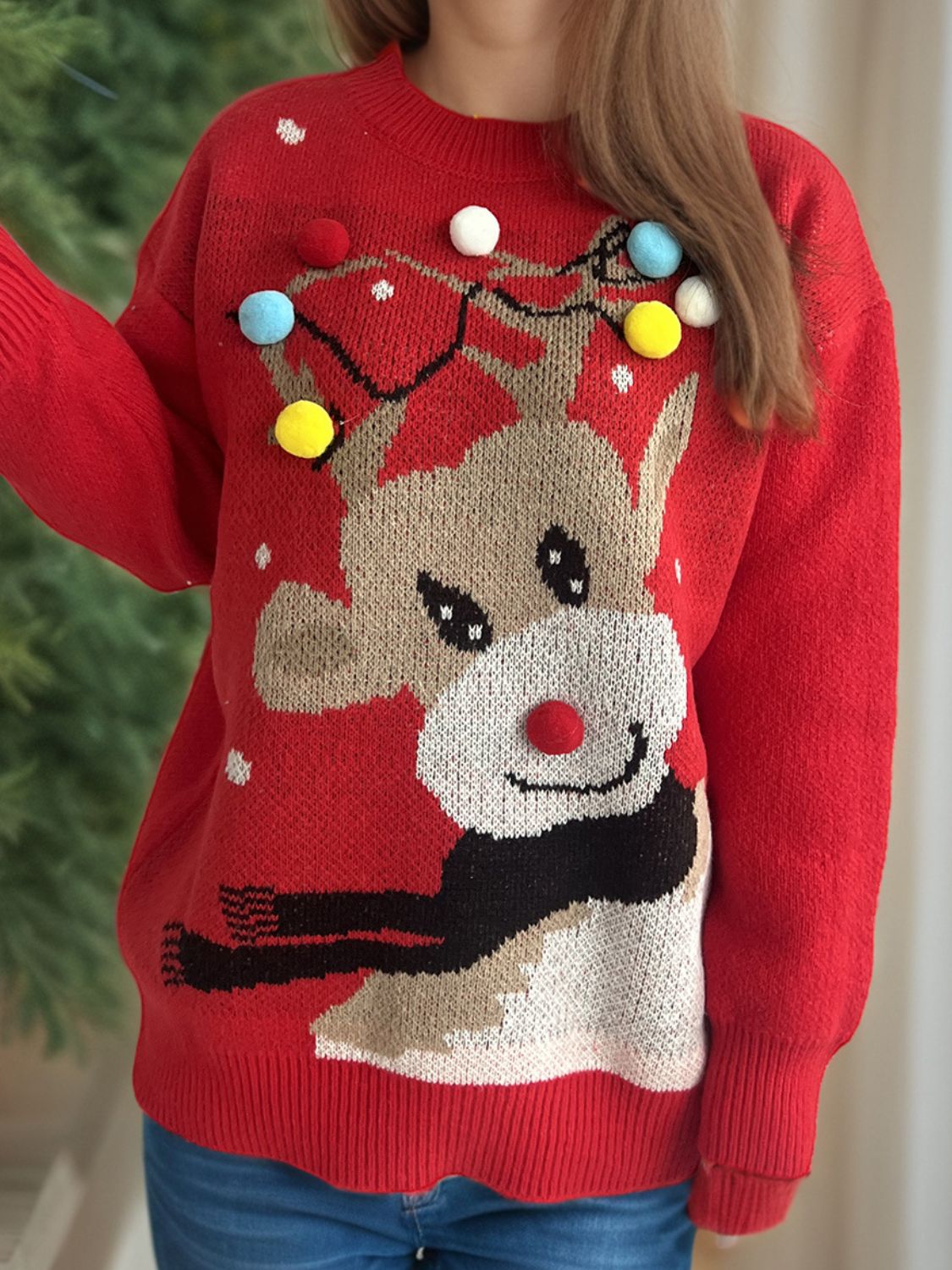 Reindeer Round Neck Long Sleeve Sweater NicholesGifts