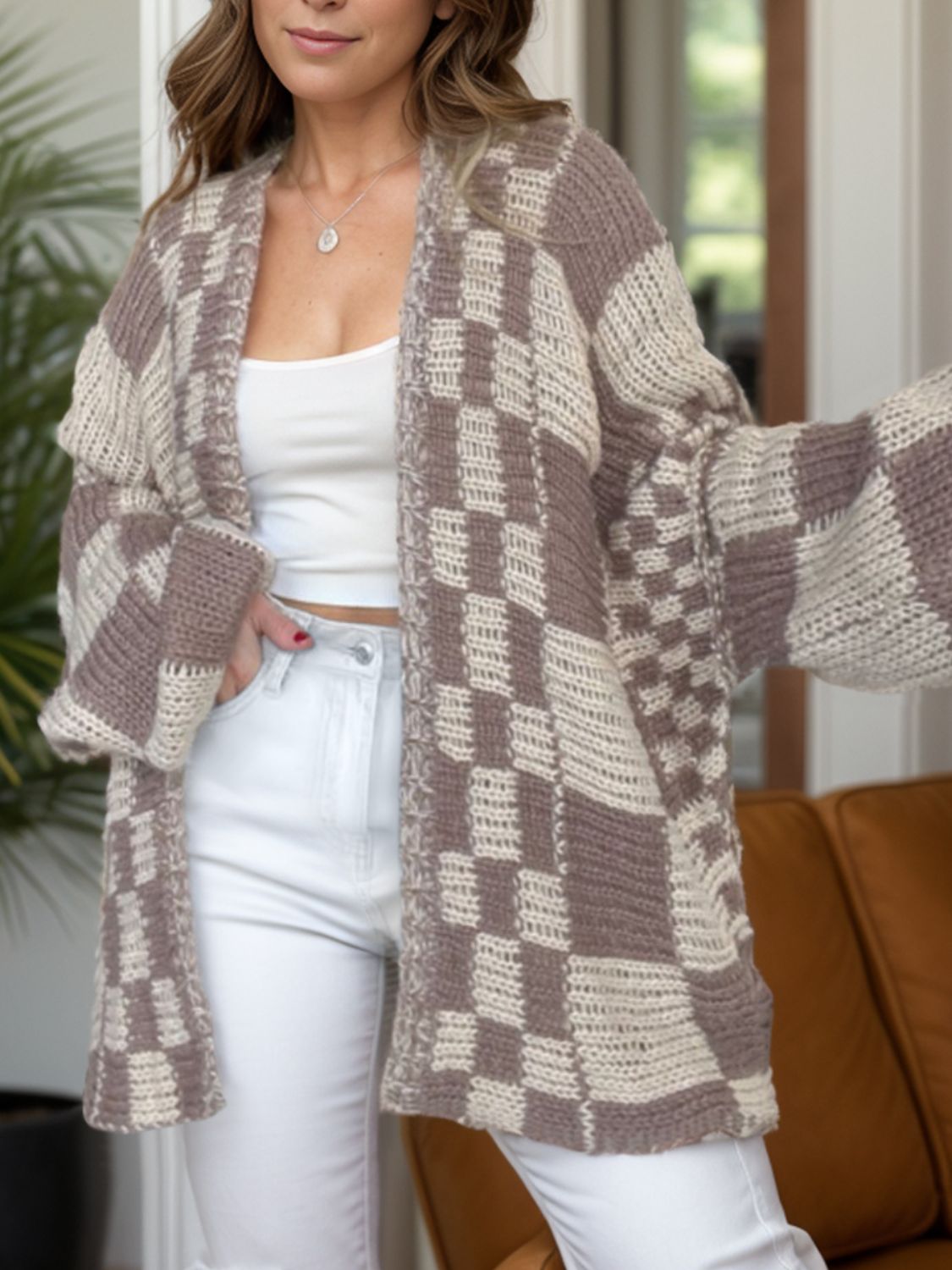 Women Plaid Open Front Long Sleeve Cardigan