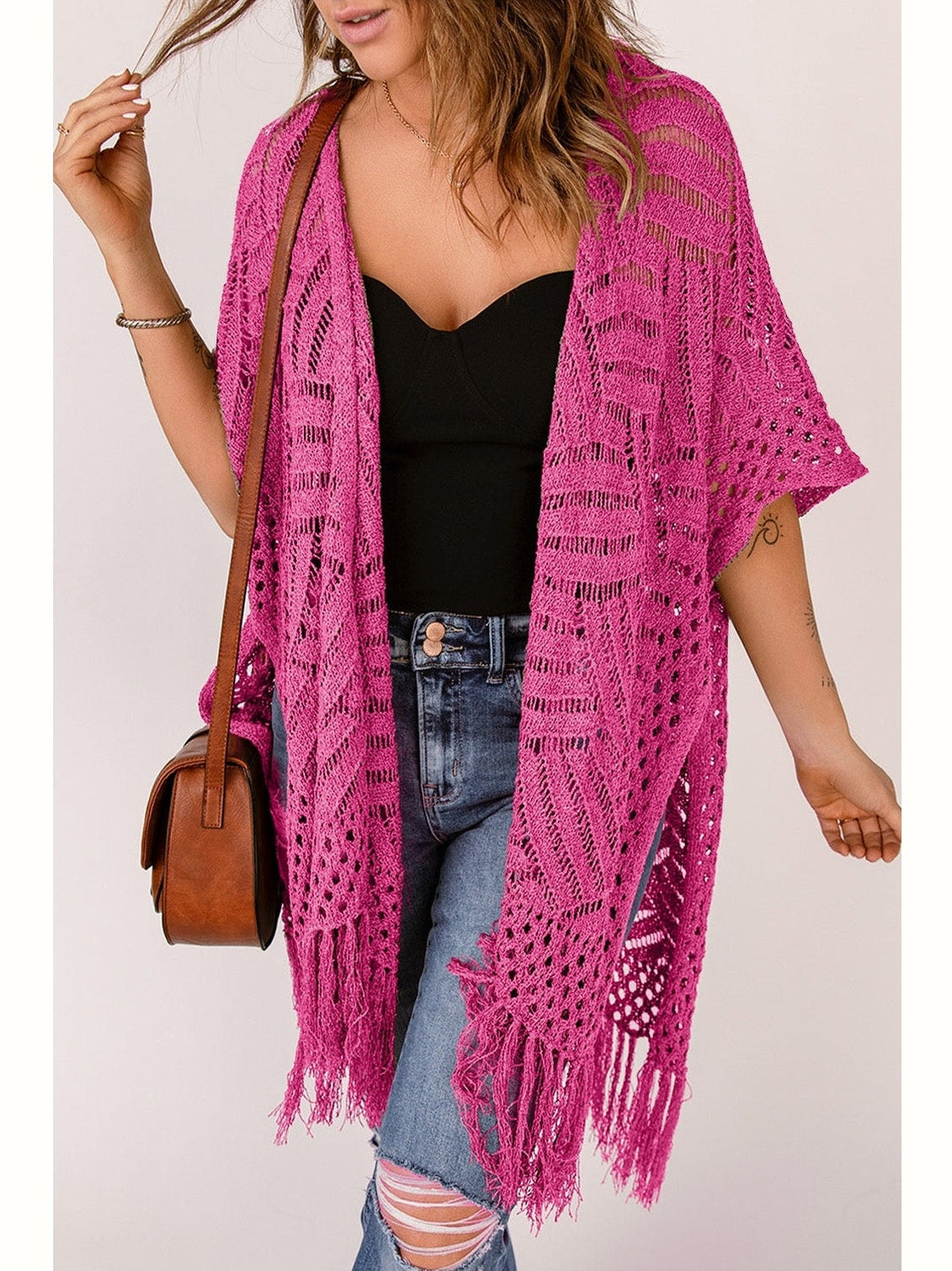 Women Openwork Open Front Cardigan with Fringes nicholesgifts