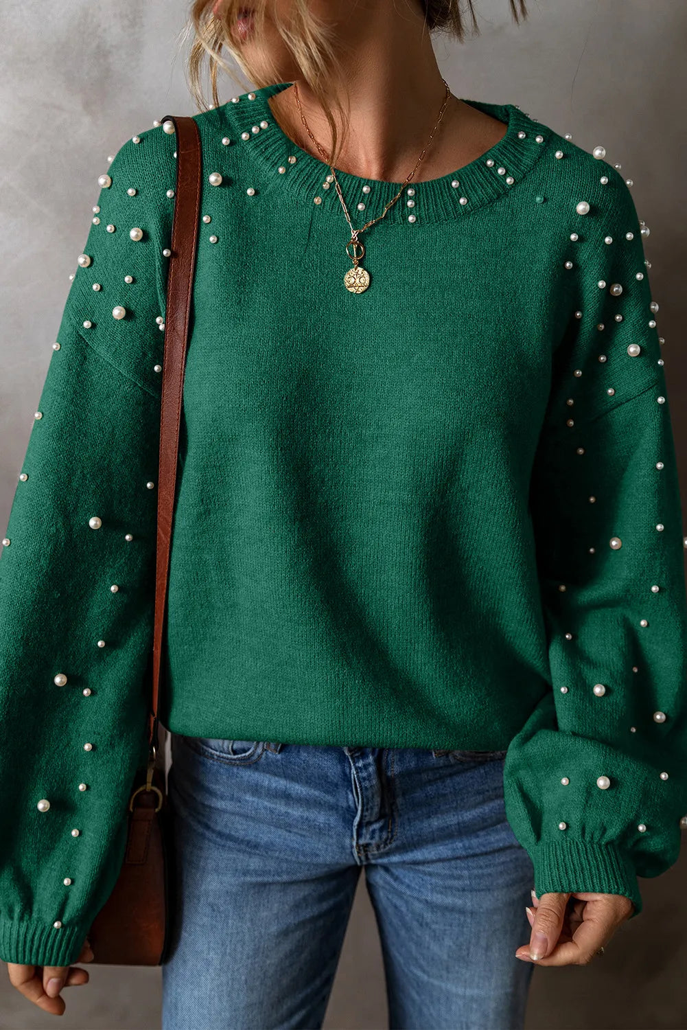Women Pearl Detail Round Neck Long Sleeve Sweater