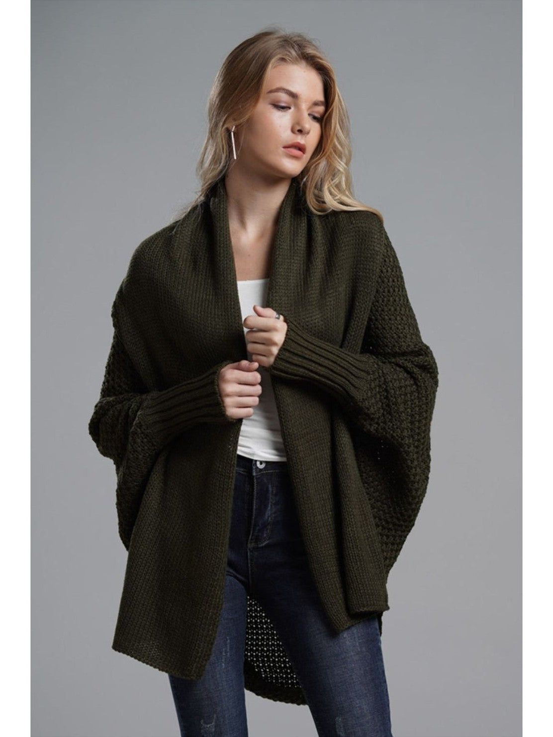 Women Double Take Dolman Sleeve Open Front Ribbed Trim Longline Cardigan