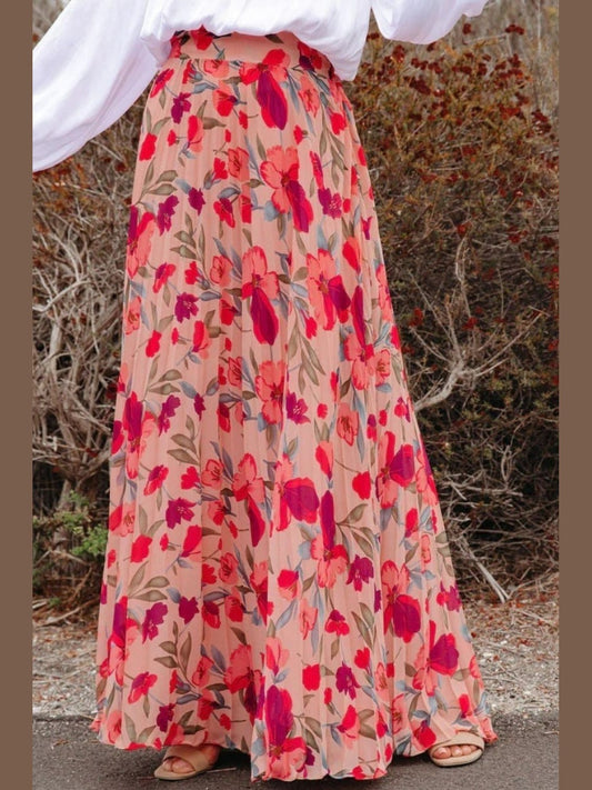 Printed Elastic Waist Pleated Maxi Skirt