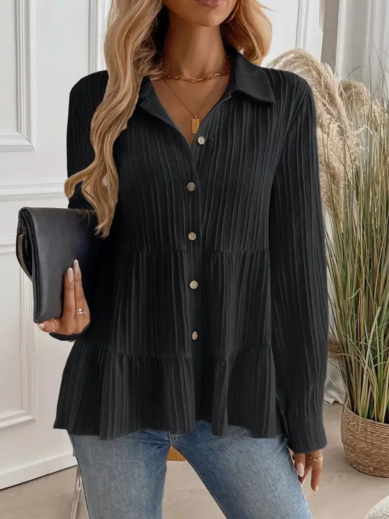 Women Striped Button-Down Tiered Shirt